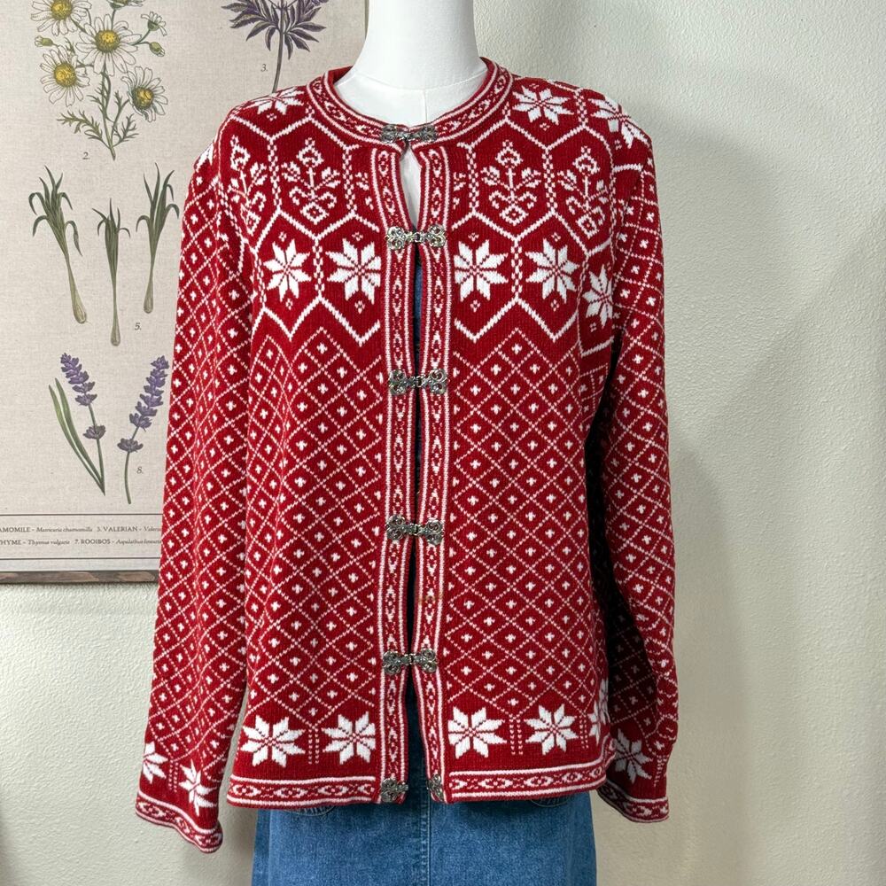Vintage 90s Y2k Red Snowflake Fair Isle Cardigan Sweater Grandma Winter Nordic L